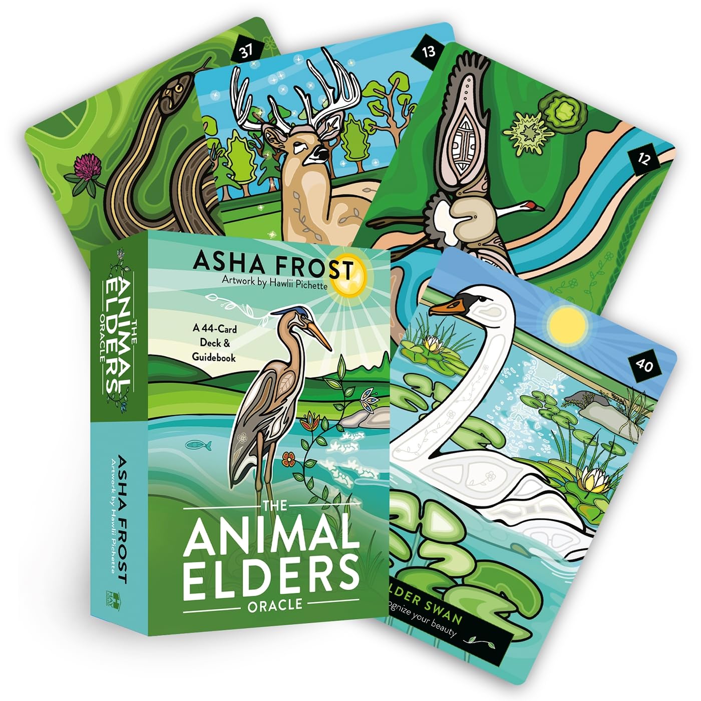 Card deck titled 'The Animal Elders Oracle' with illustrations of animals on a white background
