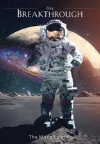 A person in an astronaut suit on the moon with a planet in the background, titled 'Breakthrough: The Moon Landing'.