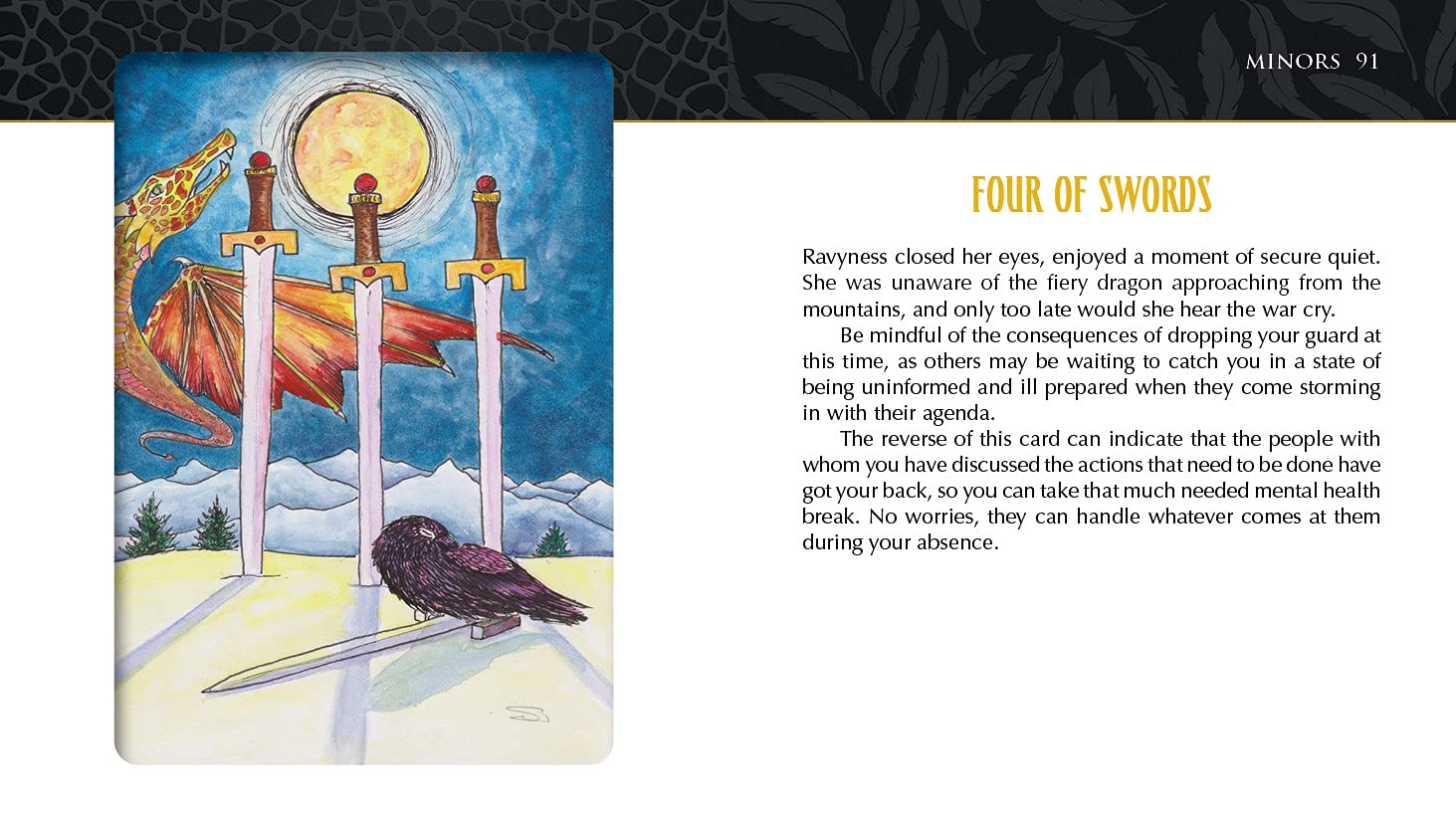 Card with three swords and a dragon, accompanied by descriptive text on a white background.