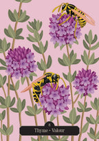 Illustration of wasps on purple flowers with a pink background