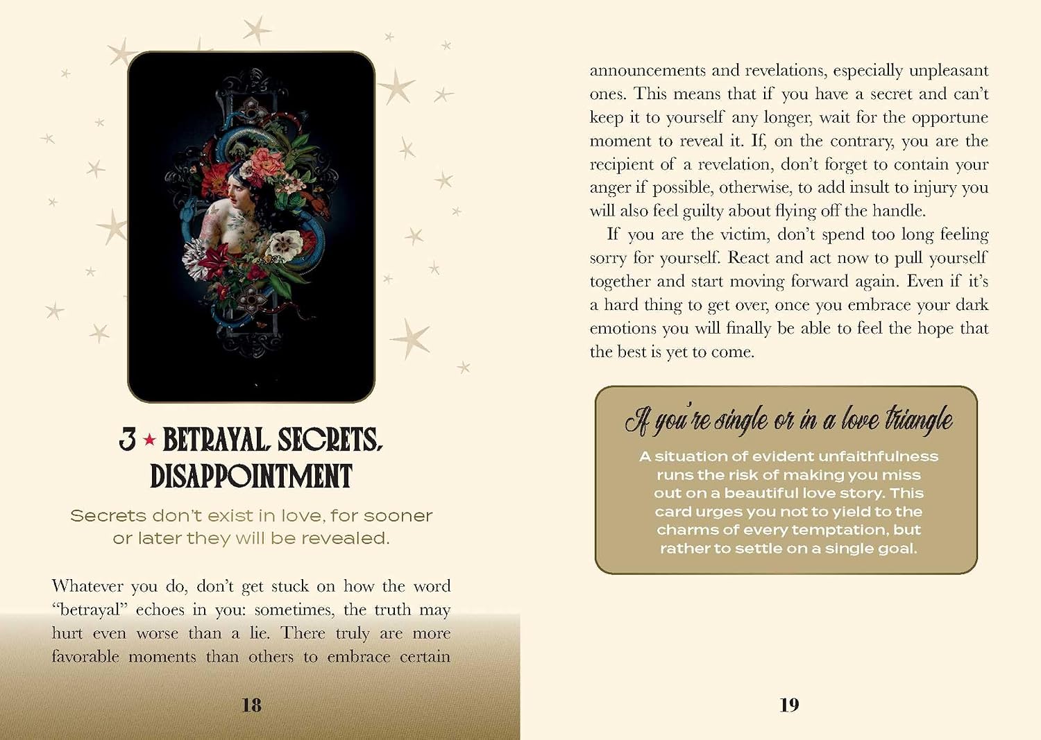 Card from a tarot deck with text and decorative elements on a beige background