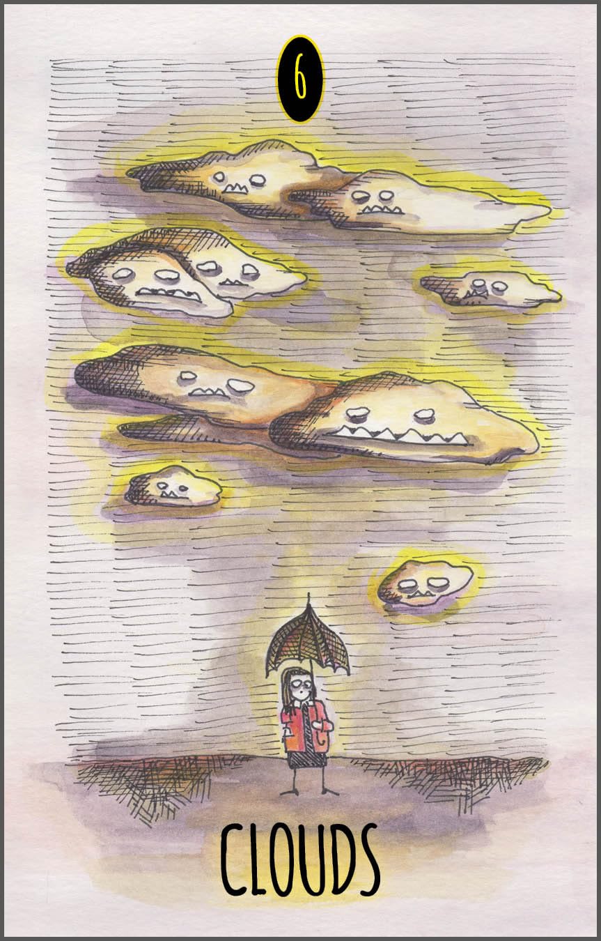 Illustration of clouds with faces and a person holding an umbrella, labeled 'Clouds'.
