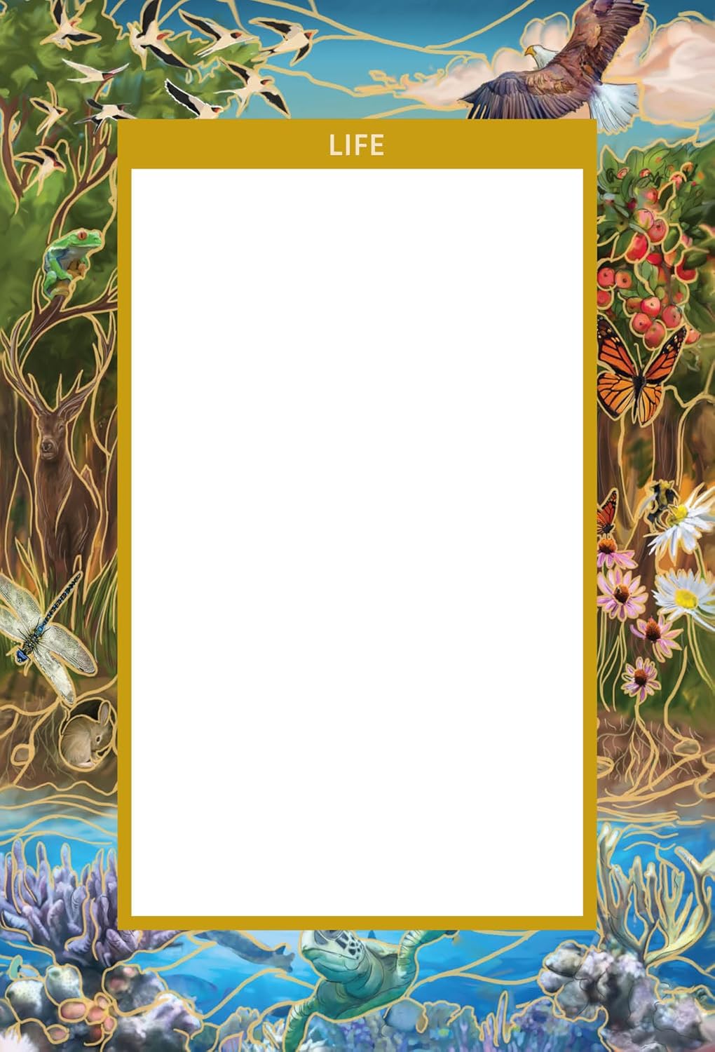 Nature-themed card with 'LIFE' text surrounded by various animals and plants.