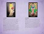 Two tarot cards titled 'V of Disks' and 'Six of Disks' on a purple background with descriptive text.