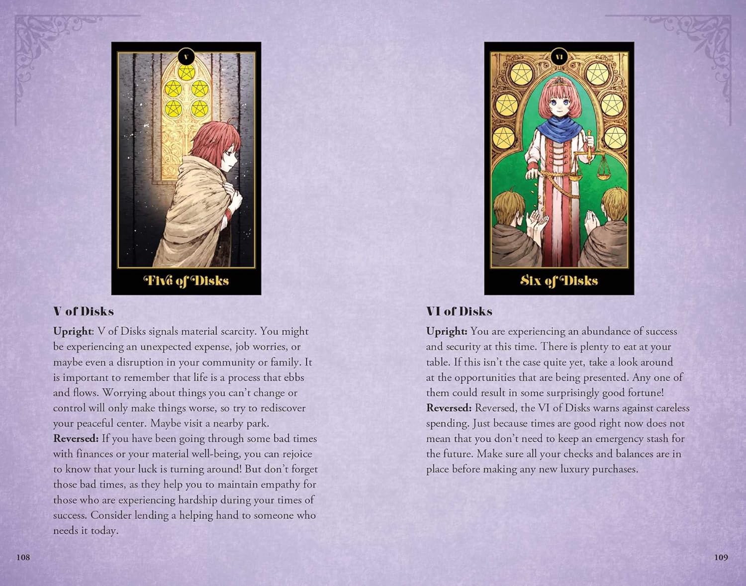 Two tarot cards titled 'V of Disks' and 'Six of Disks' on a purple background with descriptive text.