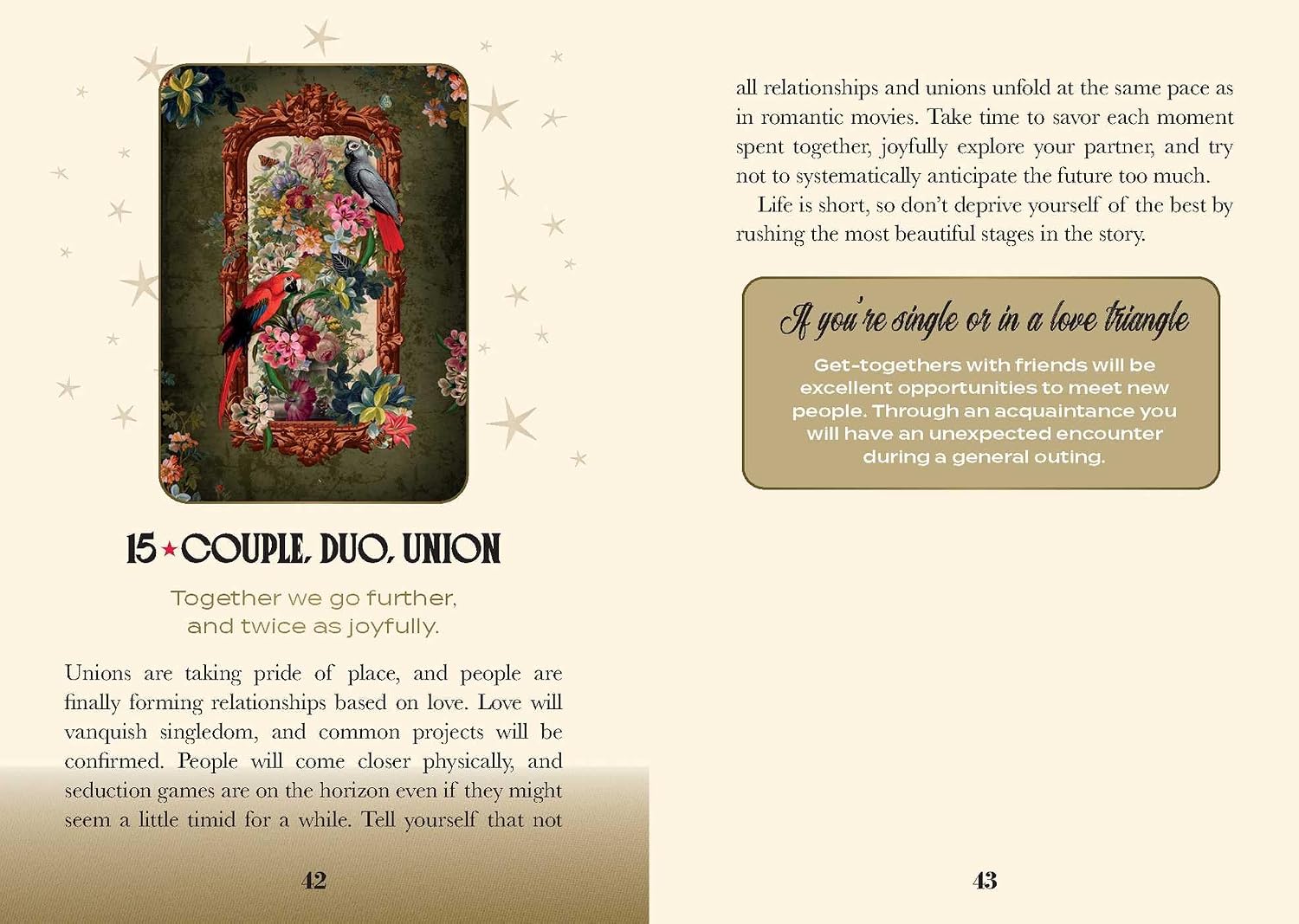 A printed booklet or card spread with beige pages, decorative star motifs, a central illustrated archway scene, and text blocks titled '15 COUPLE DUO UNION' and additional relationship advice copy.
