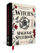 Witch's Magickal Spellbook by Priestess Moon, featuring a cream-colored cover with black gothic text, black-and-white illustrations, and red accents, shown as a 3D book mockup with a black spine and red bookmark ribbon.