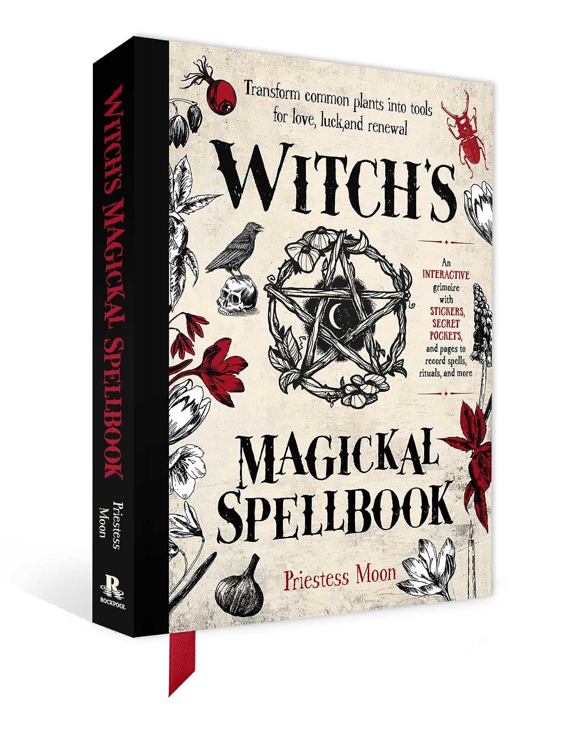 Witch's Magickal Spellbook by Priestess Moon, featuring a cream-colored cover with black gothic text, black-and-white illustrations, and red accents, shown as a 3D book mockup with a black spine and red bookmark ribbon.
