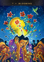 Colorful illustration of a person with flowers and mushrooms, titled 'Blooming'.