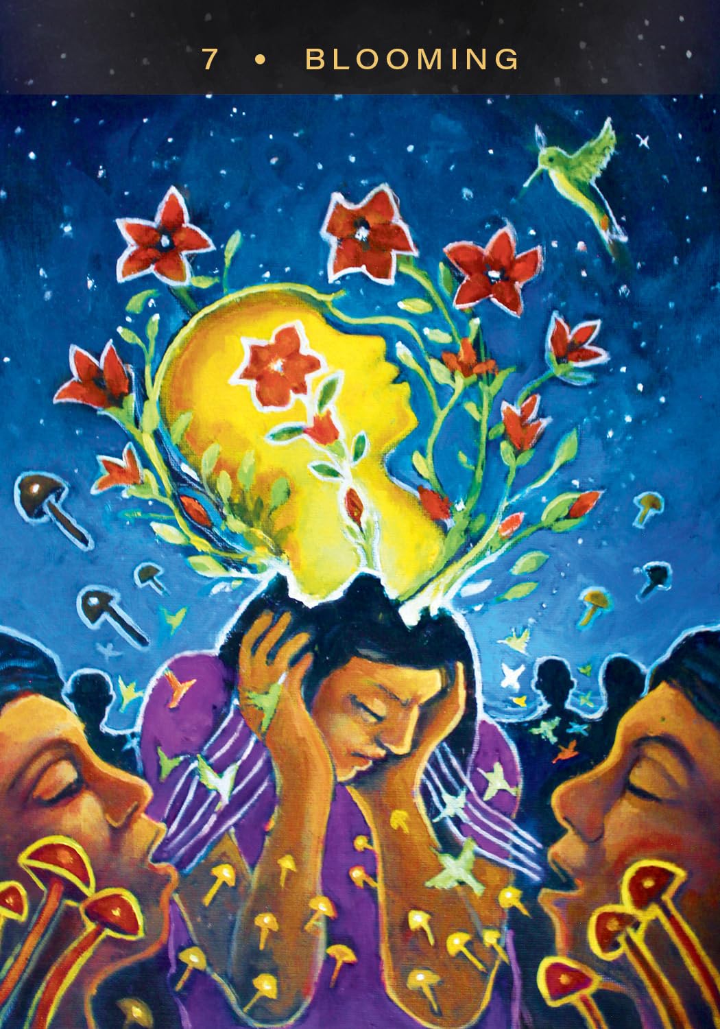 Colorful illustration of a person with flowers and mushrooms, titled 'Blooming'.