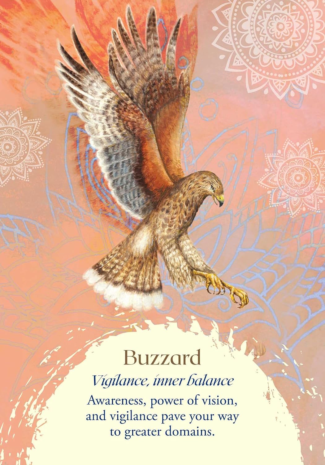 Illustration of a buzzard with mandala patterns and descriptive text on a warm-toned background