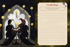 Illustration of people at a table with candles and a notepad titled 'Candle Magic' on a dark background.