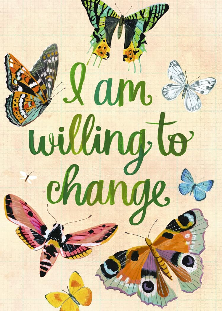 Motivational poster with butterflies and text 'I am willing to change' on a beige background