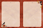 A split two-page lined writing pad with a rustic autumn design. The pages are a warm cream-beige color with horizontal lines, set against a textured reddish-brown background.