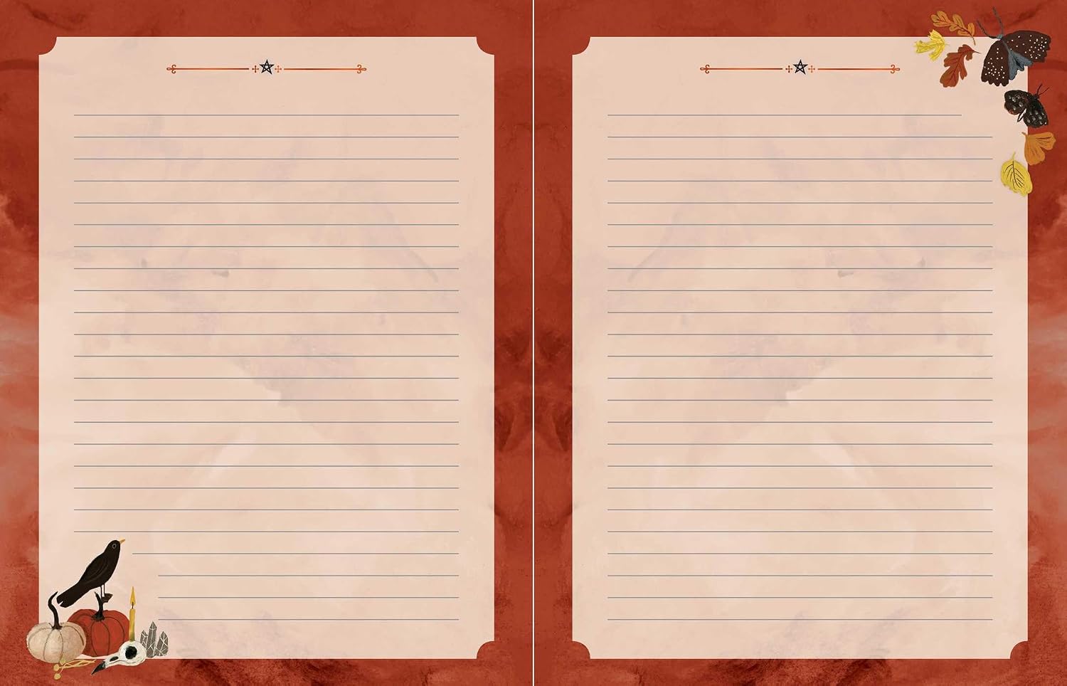 A split two-page lined writing pad with a rustic autumn design. The pages are a warm cream-beige color with horizontal lines, set against a textured reddish-brown background.