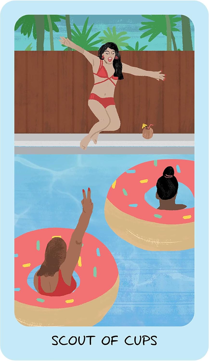 Illustration of a woman jumping into a pool with two people on donut floats, labeled 'Scout of Cups'.