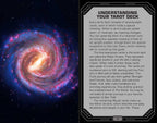 A printed tarot deck guide page with a large colorful nebula photo on the left and black decorative border framing explanatory text about the tarot deck on the right.