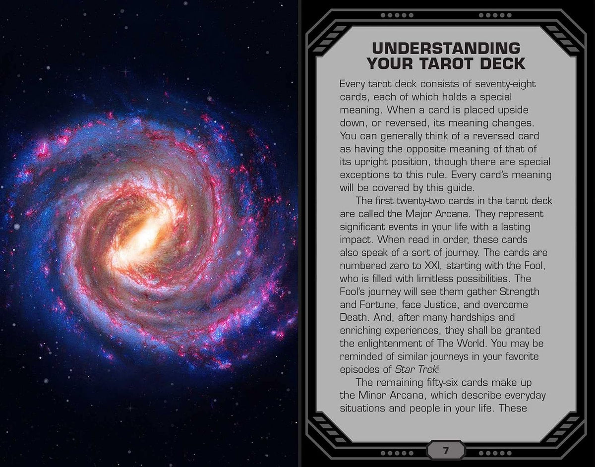 A printed tarot deck guide page with a large colorful nebula photo on the left and black decorative border framing explanatory text about the tarot deck on the right.