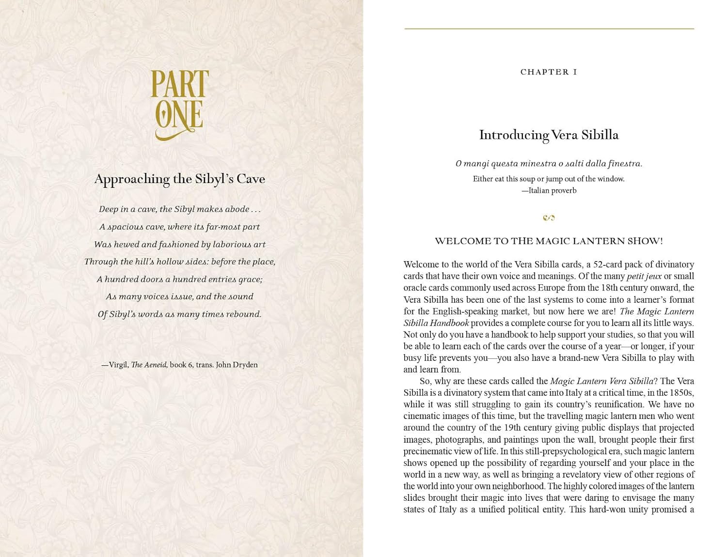Book page with text and decorative elements on a beige background