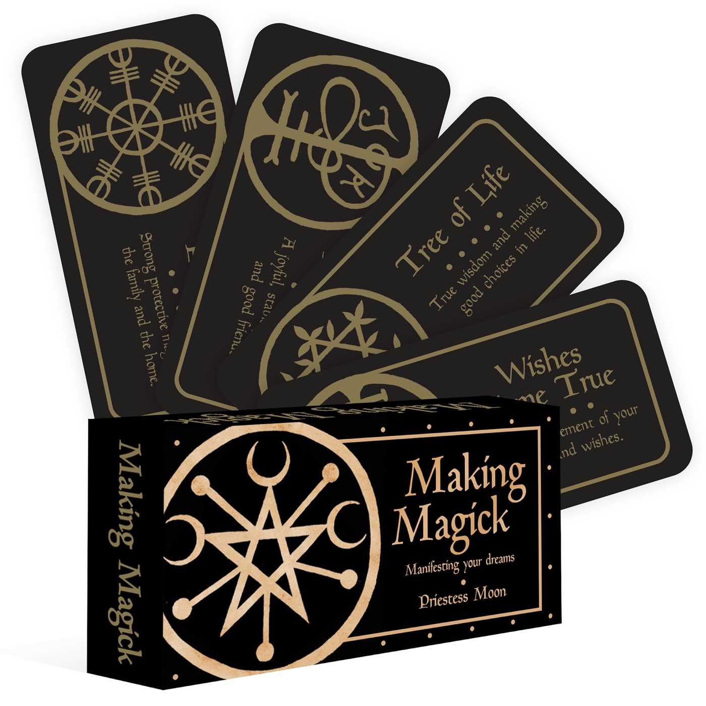 Black cards with gold symbols and text, featuring a box labeled 'Making Magick' on a white background.
