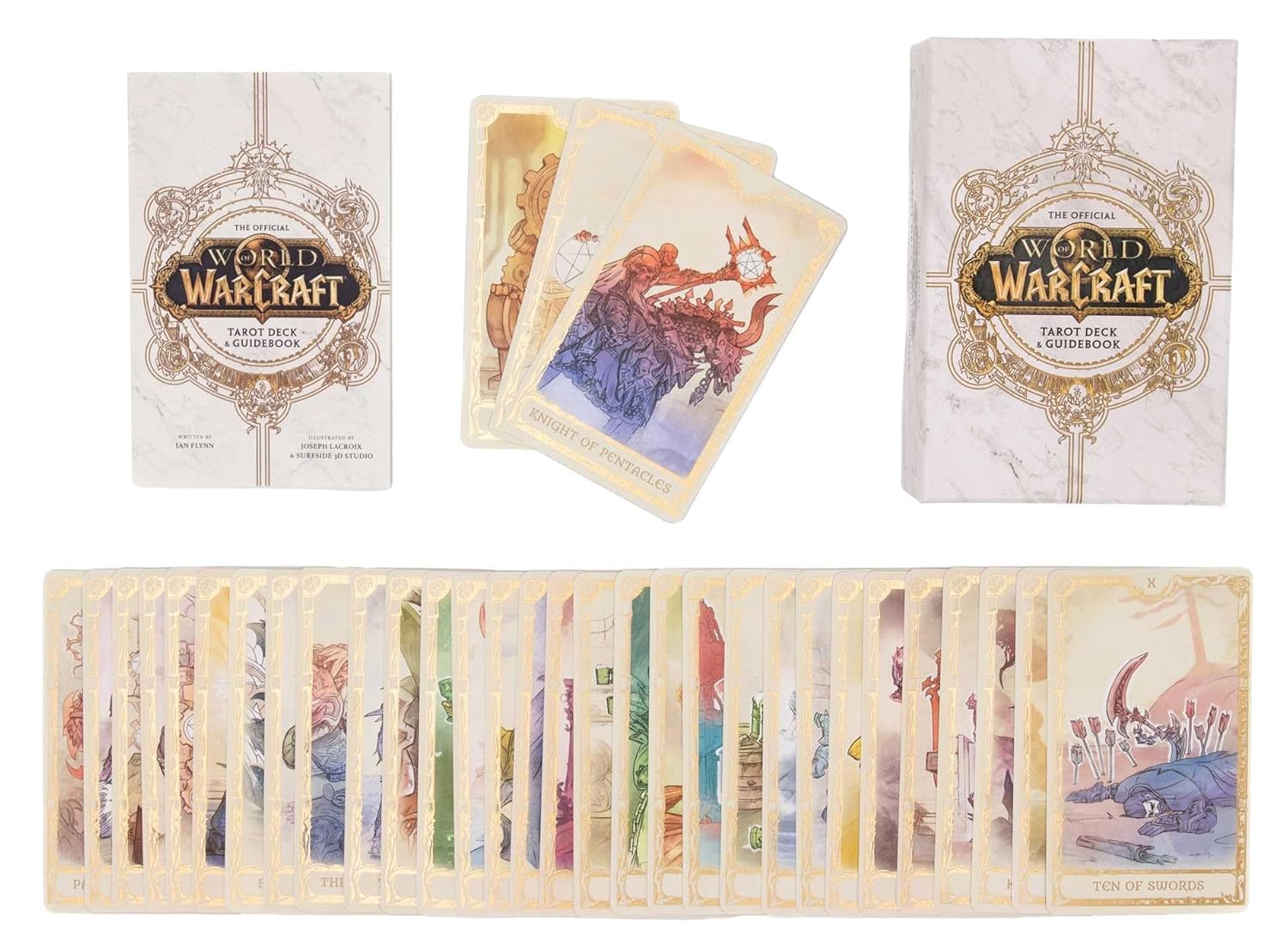 World of Warcraft trading cards with card sleeves and a dragon illustration.