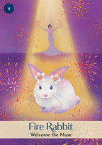 Illustration of a rabbit with flowers on its head and a person in a yoga pose, set against a purple and yellow background.