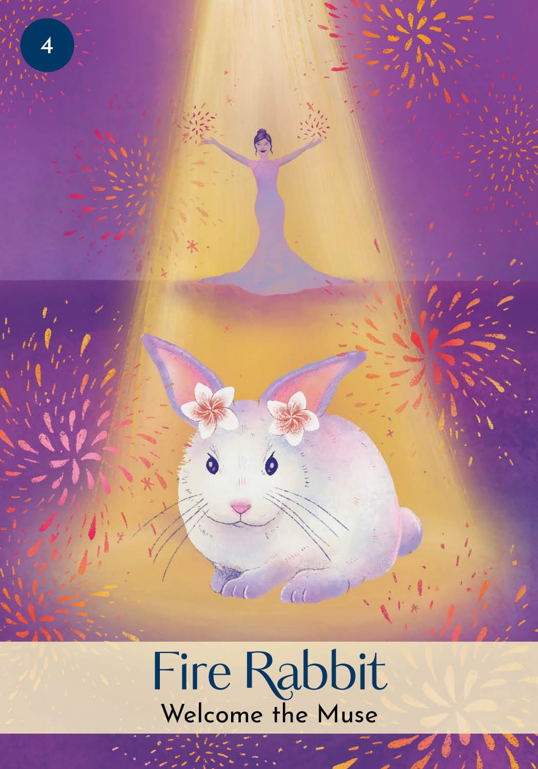 Illustration of a rabbit with flowers on its head and a person in a yoga pose, set against a purple and yellow background.