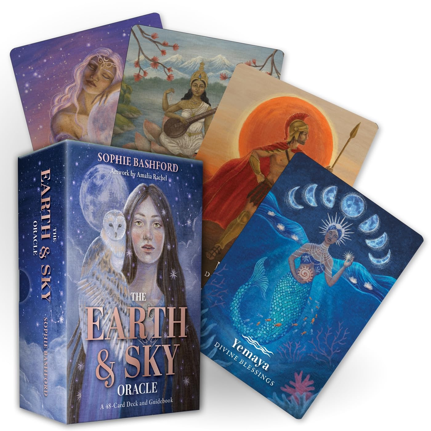 Earth & Sky Oracle card set with colorful cards and a box featuring a woman and owl.