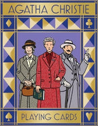 Cover of Agatha Christie playing cards with three characters and decorative border.