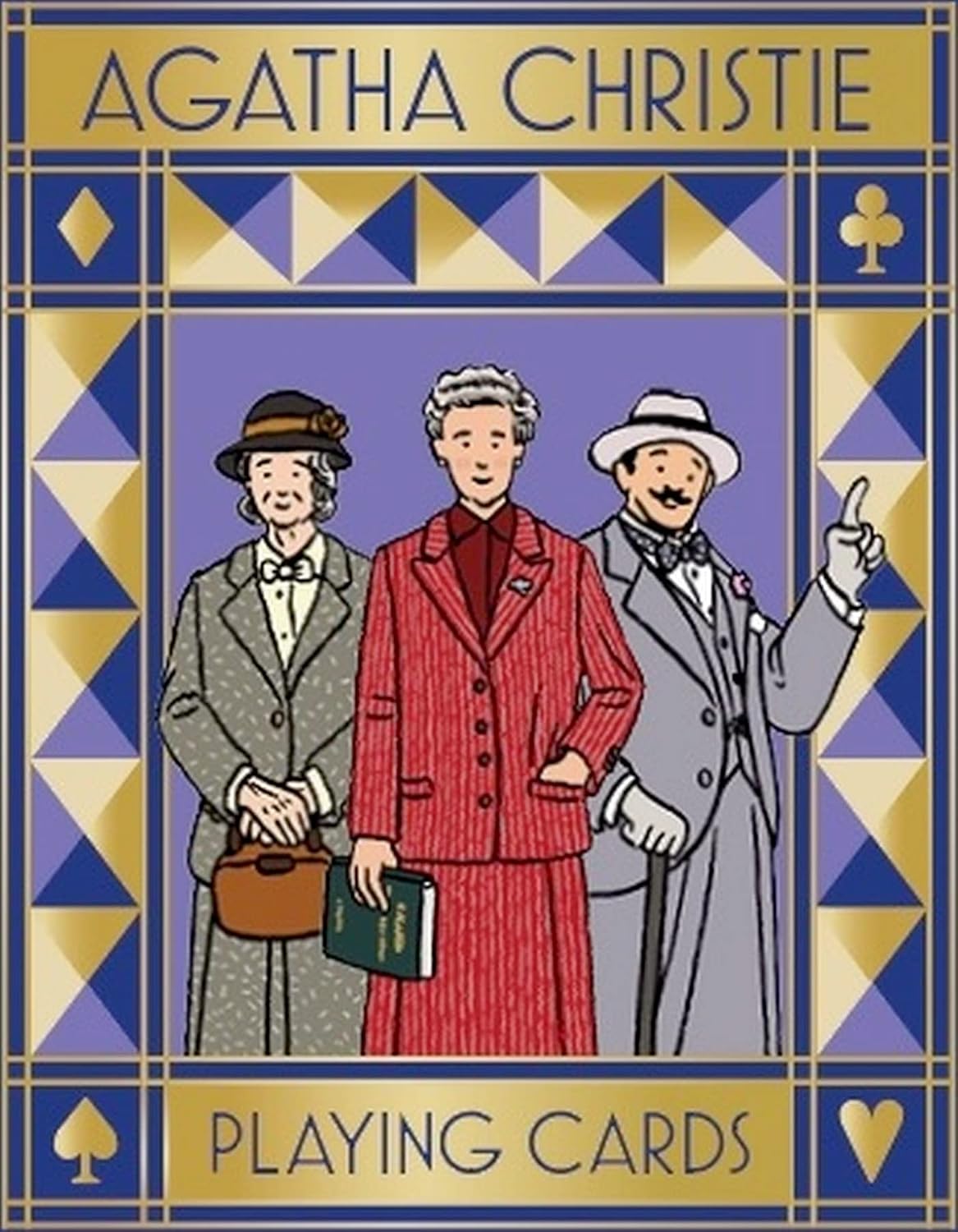 Cover of Agatha Christie playing cards with three characters and decorative border.