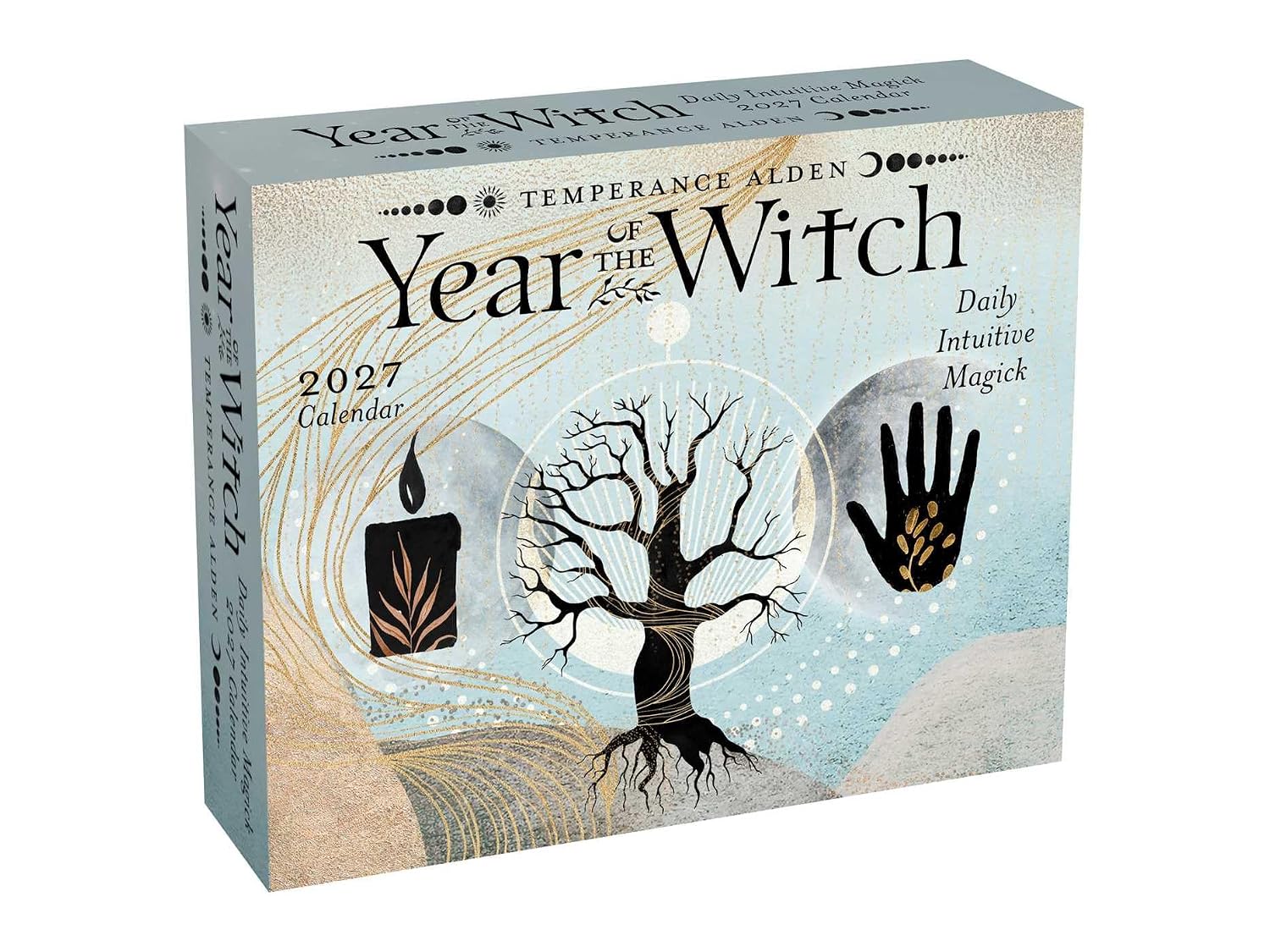 A boxed calendar titled "Year Witch" by Temperance Alden, shown at a slight angle on a plain white background. The front features a light blue and beige design with a black tree, a black candle, a black handprint with gold details, and the text "2027 Calendar" and "Daily Intuitive Magick.