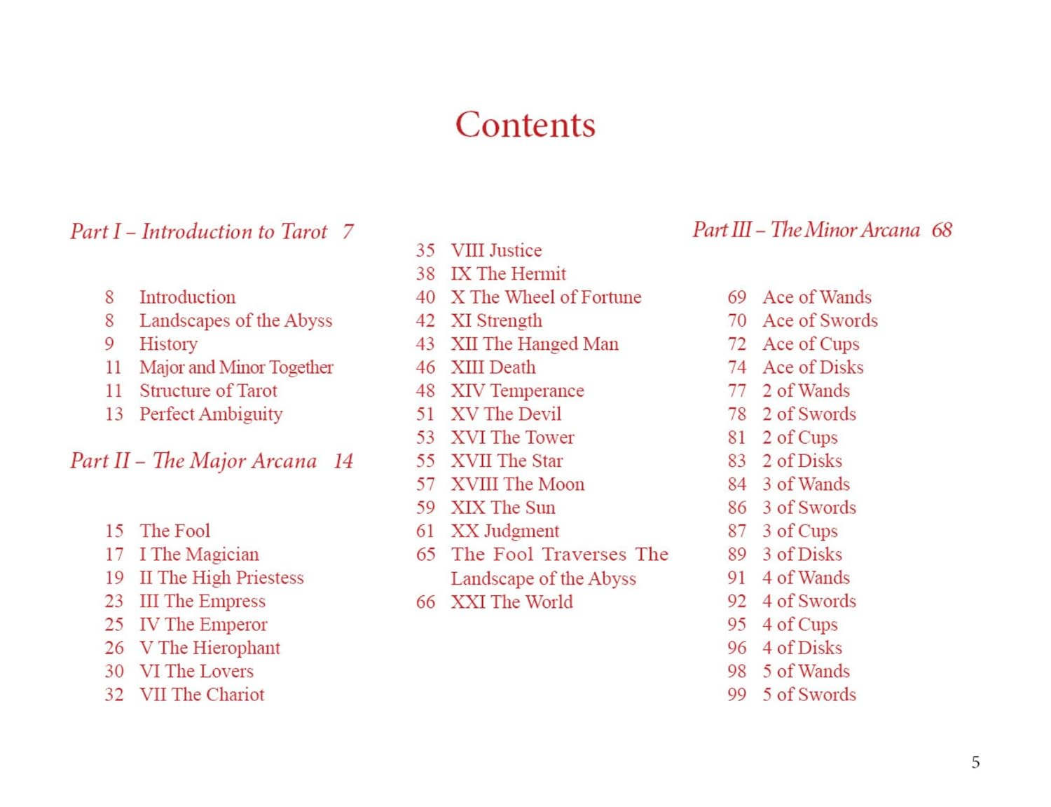 Table of contents for a tarot book with chapter headings and page numbers.