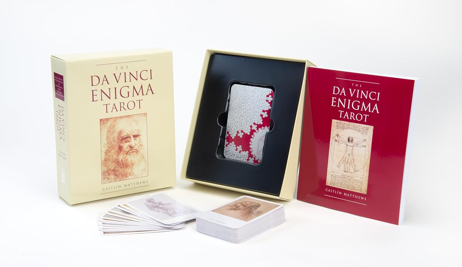 Da Vinci Enigma Tarot set with cards, box, and case on a white background