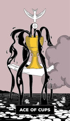 Ace of Cups tarot card with a stylized figure holding a yellow cup against a pink background.