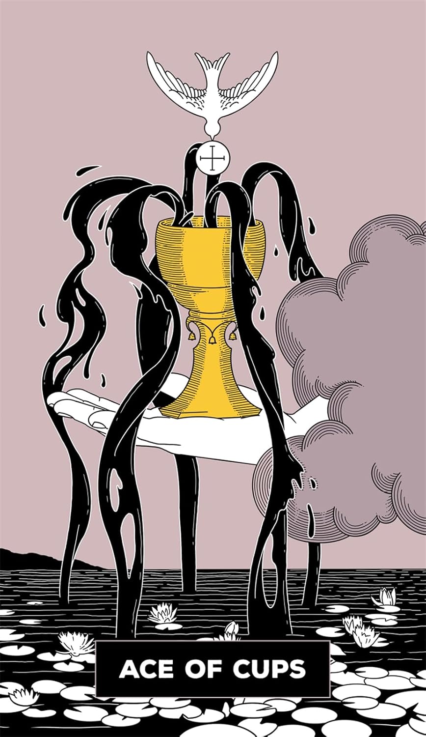 Ace of Cups tarot card with a stylized figure holding a yellow cup against a pink background.