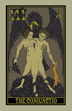 Tarot card featuring 'The Coniunctio' with two nude figures and wings on a beige background.