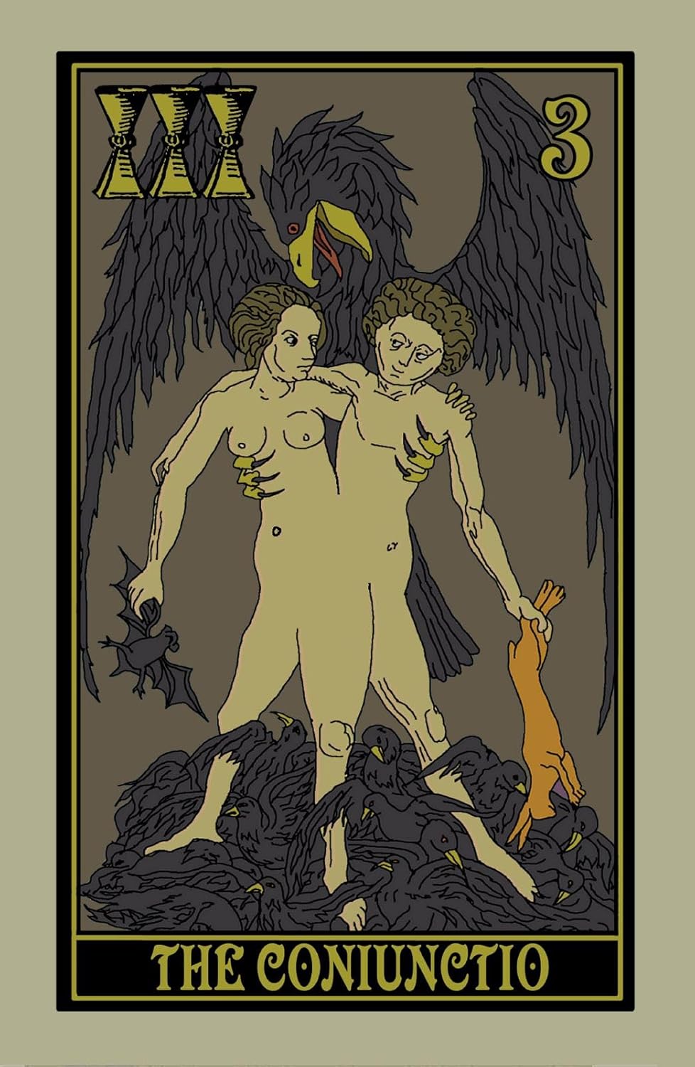 Tarot card featuring 'The Coniunctio' with two nude figures and wings on a beige background.