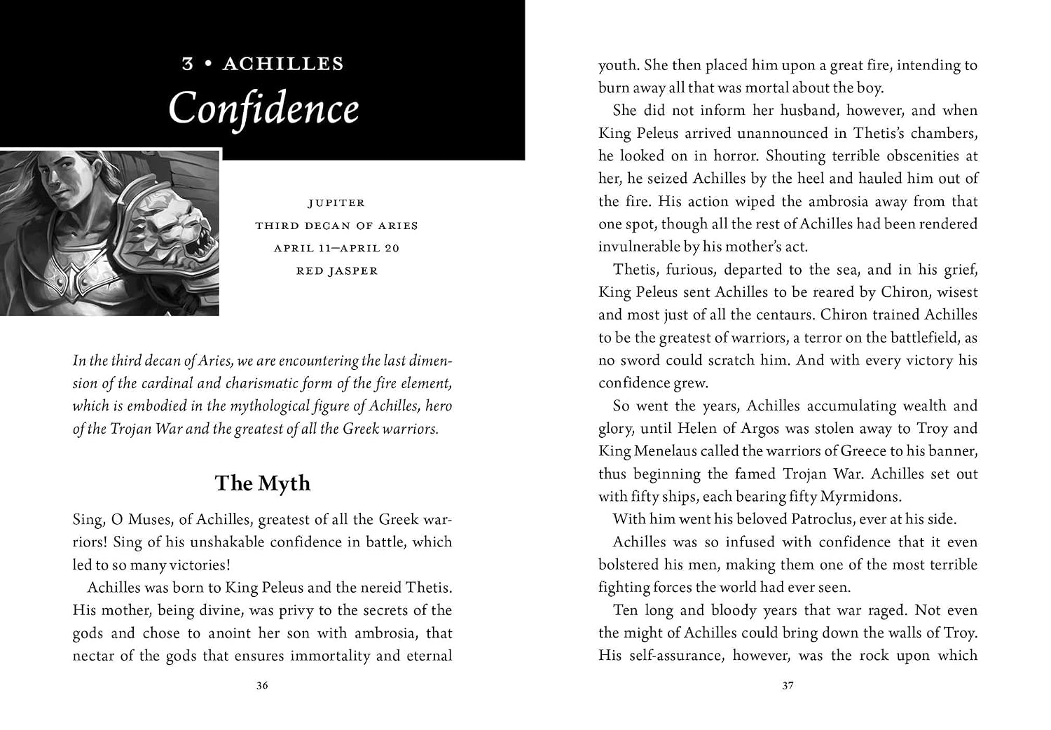 A printed page from a book or booklet showing the text '3 - Achilles Confidence' with a small black-and-white illustration of Achilles on the left and body paragraphs on the right, on a white page.