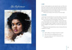 Book page with a portrait of a woman on the left and text on the right against a blue background