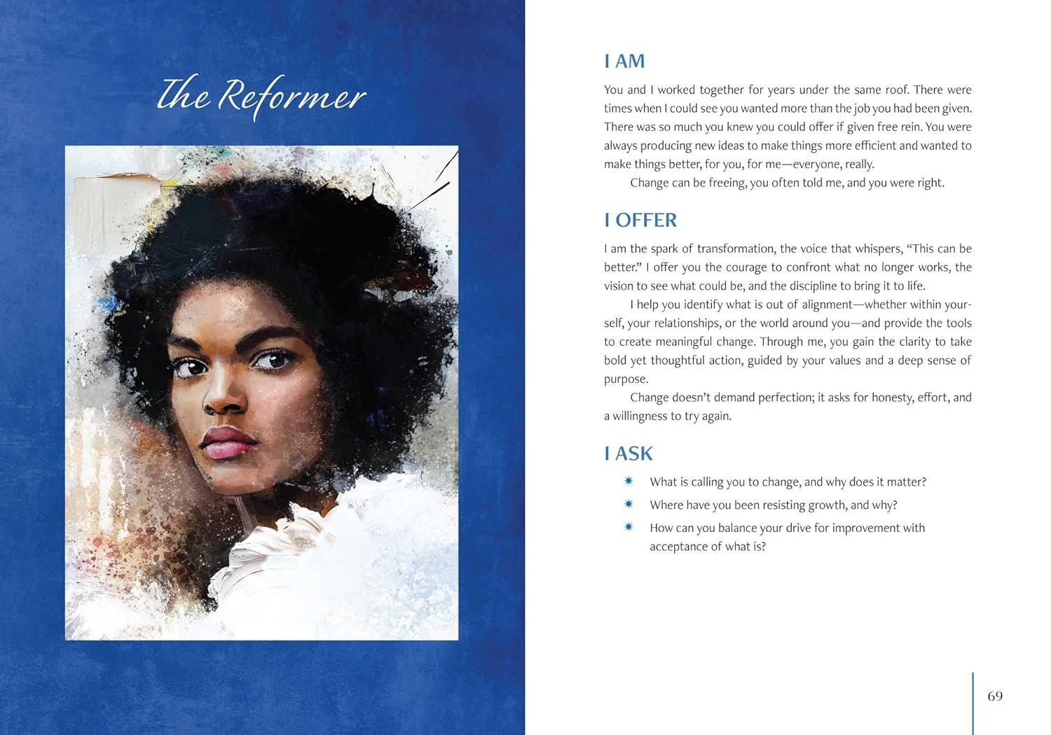Book page with a portrait of a woman on the left and text on the right against a blue background