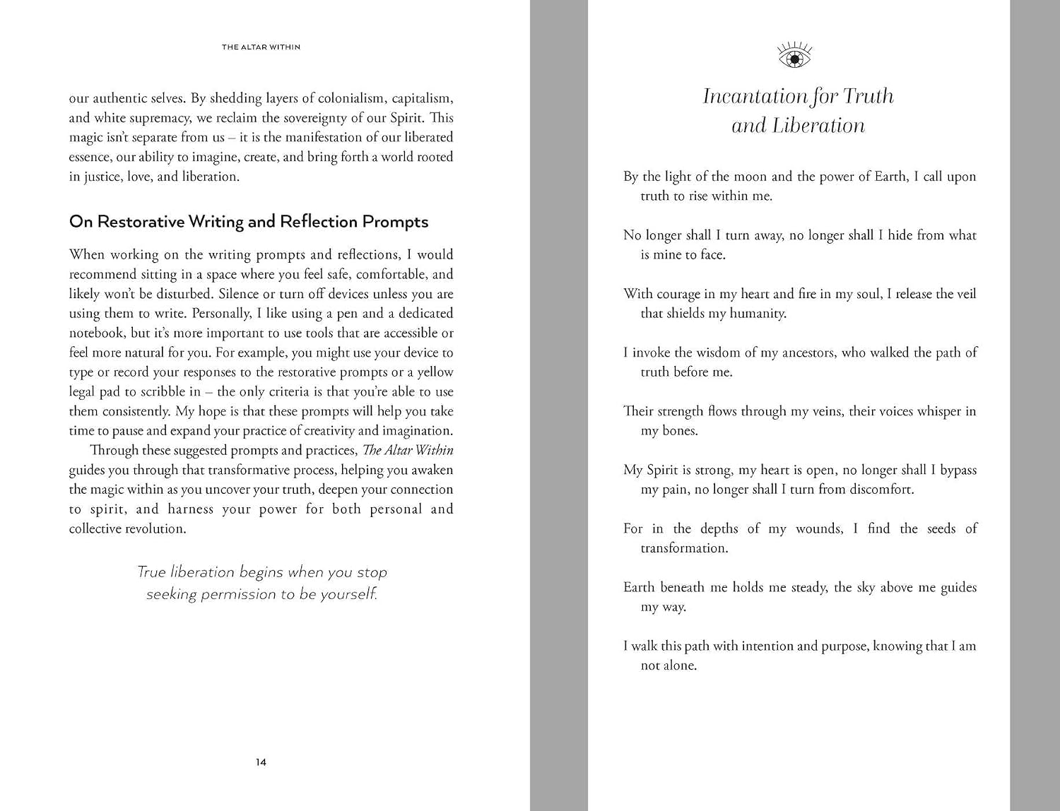 Book page with text on restorative writing and reflection prompts, featuring a gray sidebar.