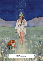 Illustration of a woman in a white dress and green hat walking with a fox in a field under a starry night sky.