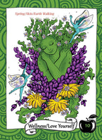 Colorful illustration of a person surrounded by flowers and fairies with text on a green patterned background.