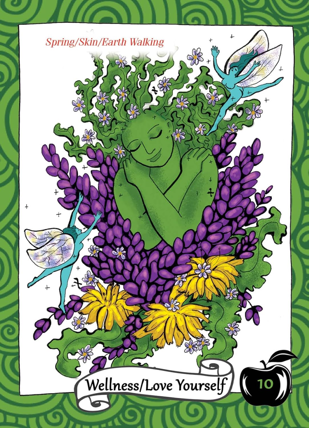 Colorful illustration of a person surrounded by flowers and fairies with text on a green patterned background.