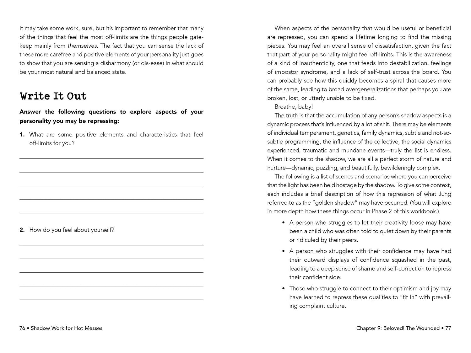 A printed worksheet page with two columns of black text on a white page, headed 'Write It Out It' and 'Chapter 9: Believed The Wound Worries,' showing educational content rather than a physical product in a standard product photo context.