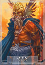 Illustration of a character named Odin with a gold helmet and blue cape against an orange background.
