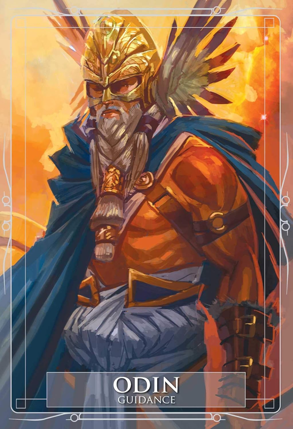 Illustration of a character named Odin with a gold helmet and blue cape against an orange background.