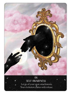 Card with a mirror, hand, and crow against a pink cloud background with text about self-awareness.