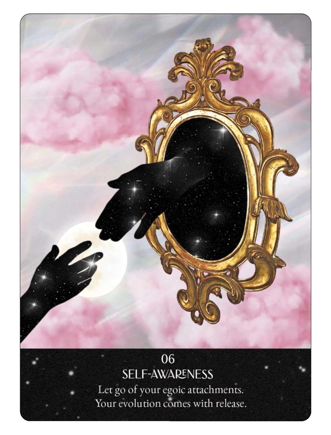 Card with a mirror, hand, and crow against a pink cloud background with text about self-awareness.