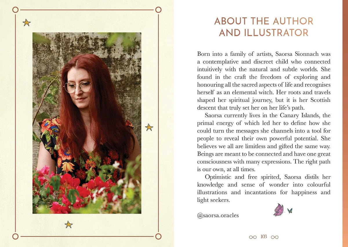 A book or booklet spread with cream-colored pages, featuring a portrait illustration of a woman with red hair in a forest on the left and biographical text on the right under the heading 'ABOUT THE AUTHOR AND ILLUSTRATOR'.